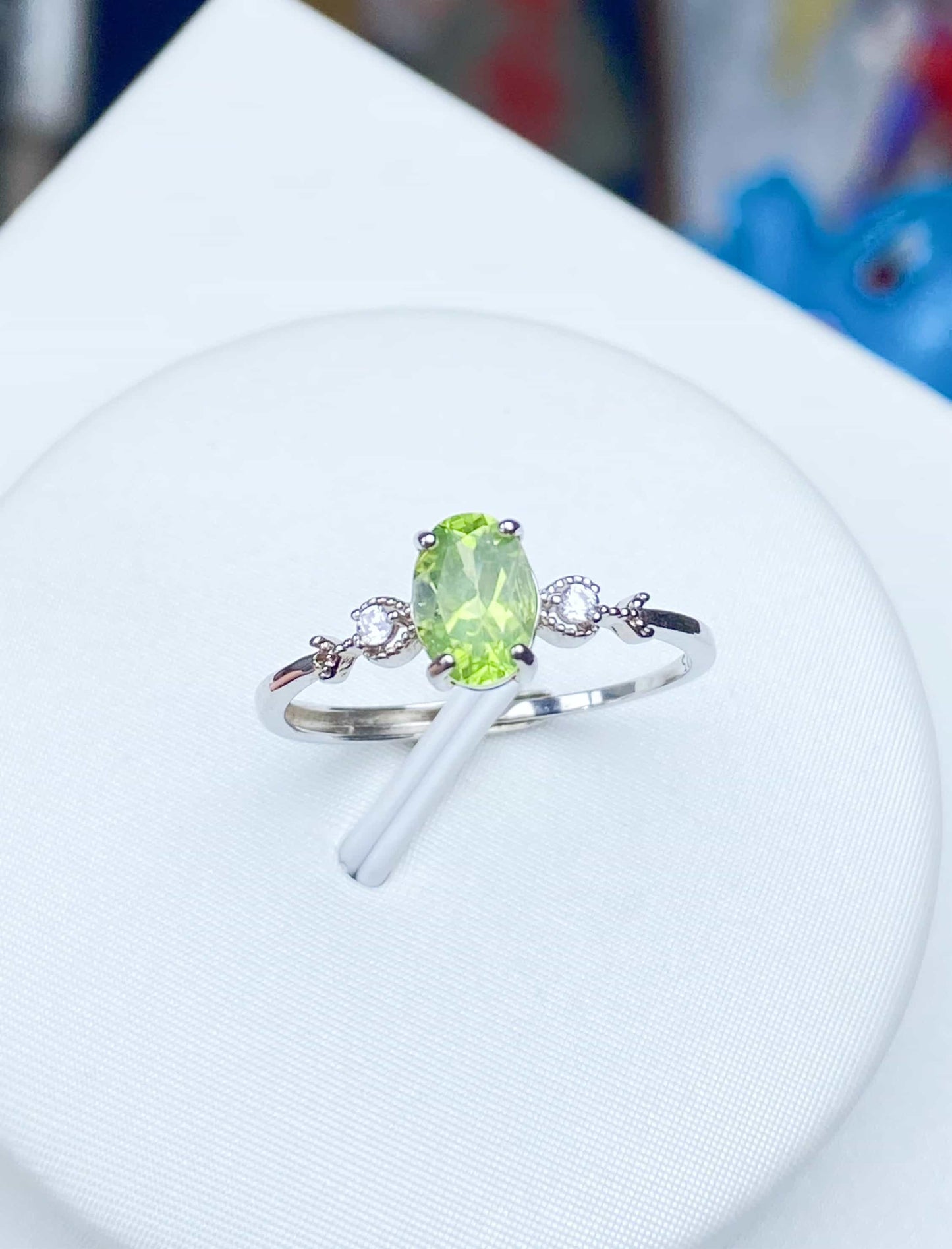 Sterling Silver Peridot Ring Adjustable Silver Gold with Zircon Ring